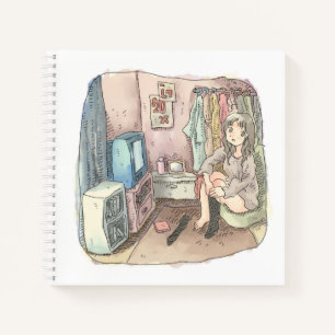 an illustration of a woman sitting in a chair in a notebook