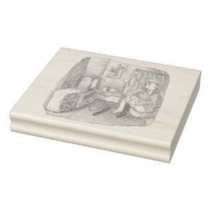 an illustration of a woman sitting in a chair in a rubber stamp