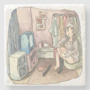 an illustration of a woman sitting in a chair in a stone coaster
