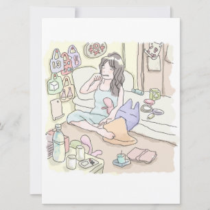 an illustration of a woman sitting in a messy bedr card