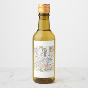 an illustration of a woman sitting in a messy bedr wine label
