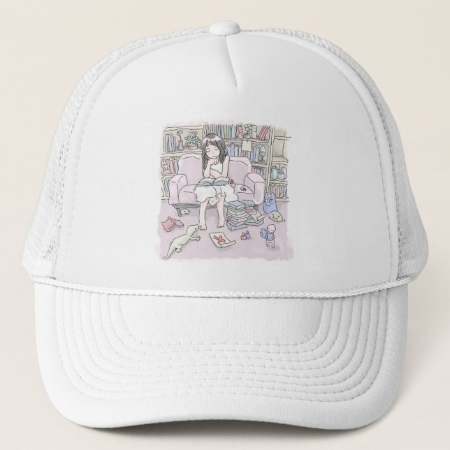 an illustration of a woman sitting on a large sofa trucker hat (Front)