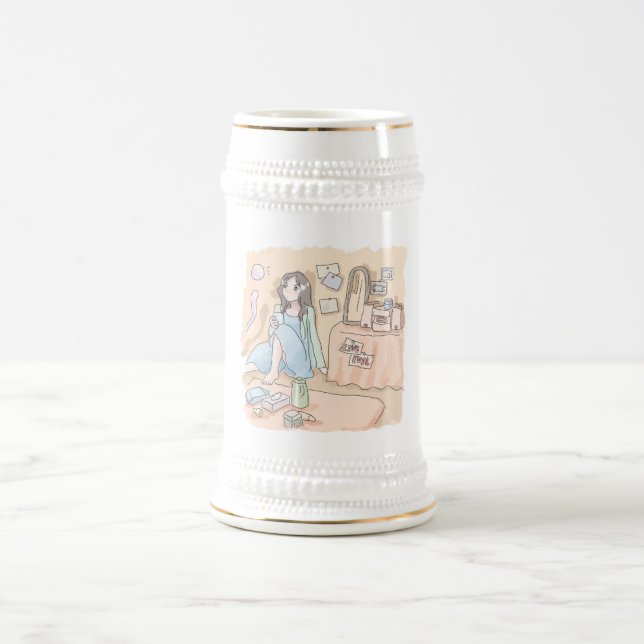 an illustration of a woman sitting on the wall of  beer stein (Center)