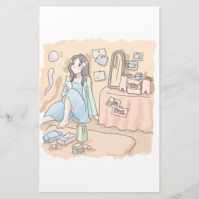 an illustration of a woman sitting on the wall of  stationery (Front)