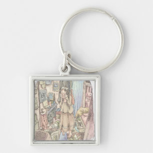 An illustration of a woman standing in a brown roo keychain