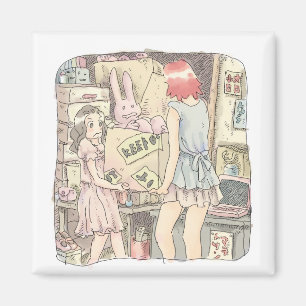 an illustration of two women carrying a cardboard  magnet