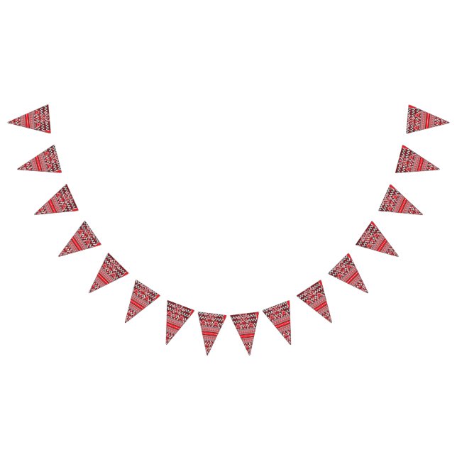 An image of fabric in red and black, highlighting  bunting flags (All)