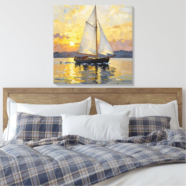 An Impasto Illustration of a Sailboat at Sunset Canvas Print (Insitu(Bedroom))