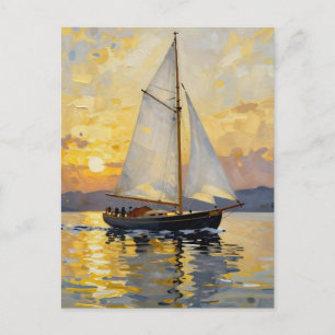 An Impasto Illustration of a Sailboat at Sunset Postcard