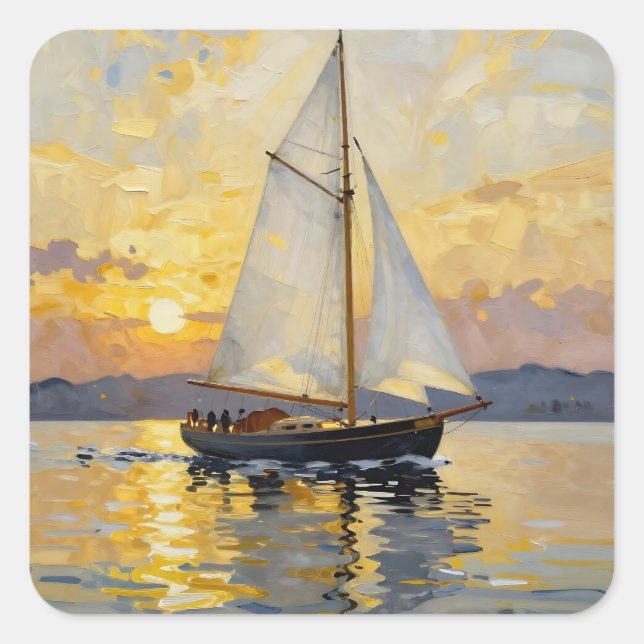 An Impasto Illustration of a Sailboat at Sunset Square Sticker (Front)