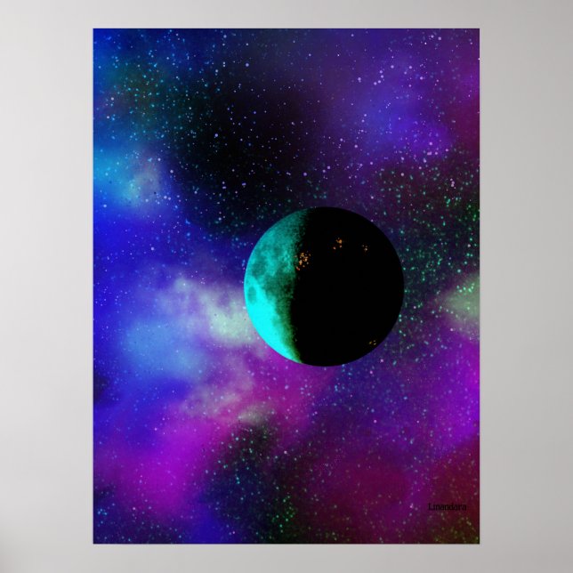An inhabited moon among purple green stars nebulae poster (Front)
