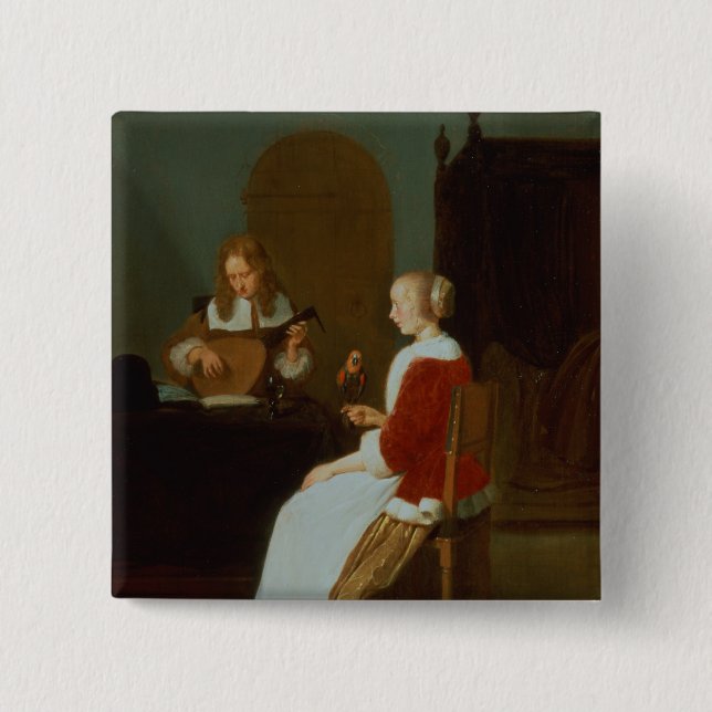 An interior with a lute player 2 inch square button (Front)