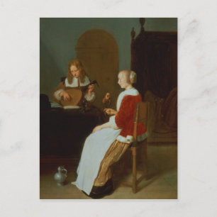 An interior with a lute player postcard