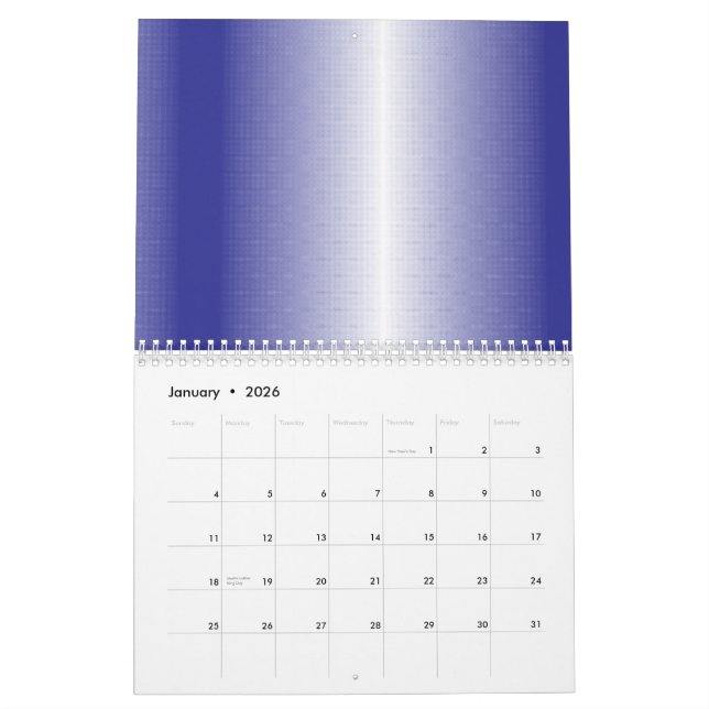 An intricate blue geometric pattern with symmetric calendar (Jan 2026)