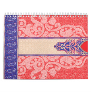 An intricate paisley pattern featuring vibrant red calendar