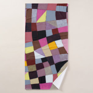 An irregular grid painting, with violets and yello bath towel