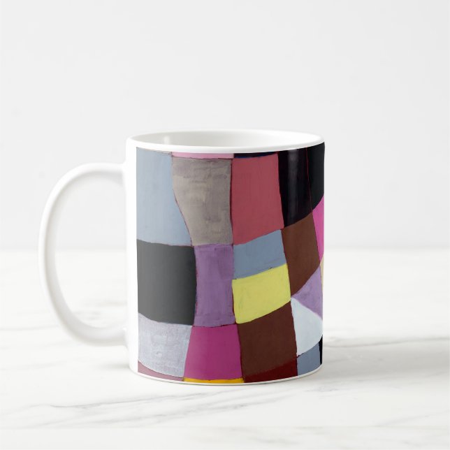An irregular grid painting, with violets and yello coffee mug (Left)