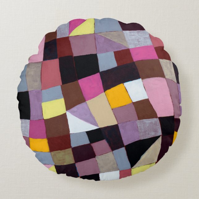 An irregular grid painting, with violets and yello round pillow (Front)