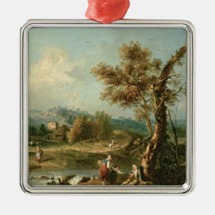 An Italianate River Landscape with Travellers Metal Ornament