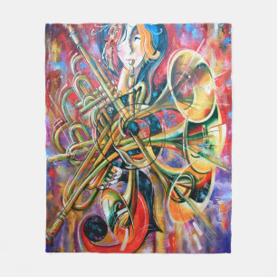 An oil painting on canvas. Music, the girl plays m Fleece Blanket