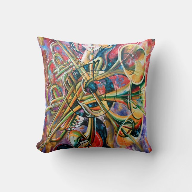 An oil painting on canvas. Music, the girl plays m Throw Pillow (Front)