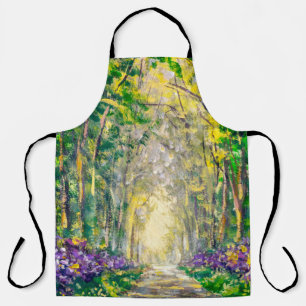 An oil painting on canvas of a seasonal landscape apron