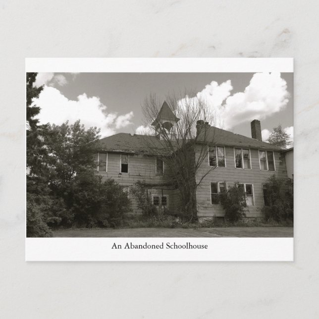 An old abandoned schoolhouse building postcard (Front)