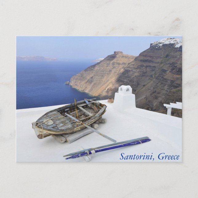 An old boat on the roof of a house in Santorini Postcard (Front)