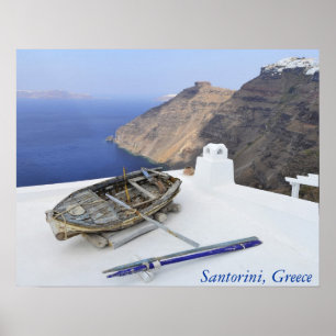 An old boat on the roof of a house in Santorini Poster