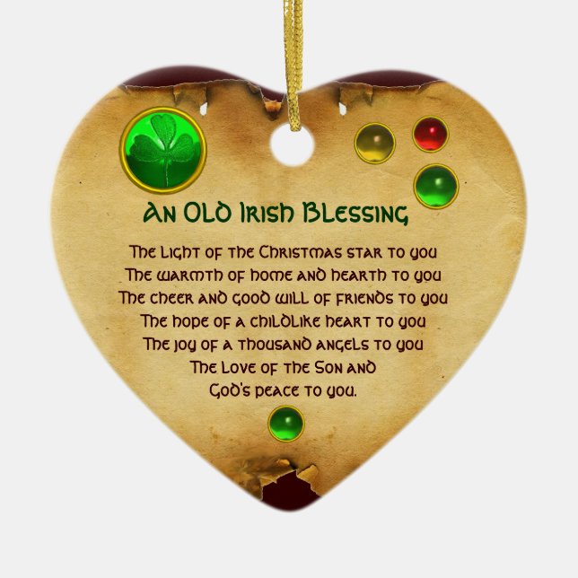An Old Irish Christmas Blessing Heart Parchment Ceramic Ornament (Front)