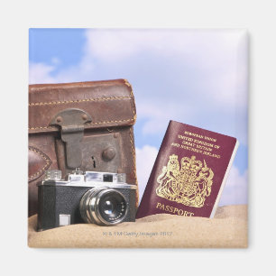 An old leather suitcase, retro camera and magnet