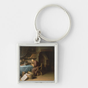 An Old Man Lighting his Pipe in a Study Keychain