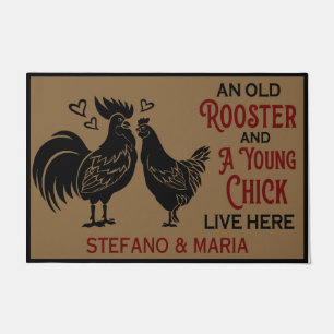 An Old Rooster And A Young Chick Live Here  Doormat
