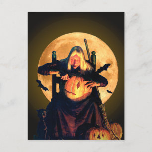An Old Witch Carves Pumpkins for Halloween Postcard
