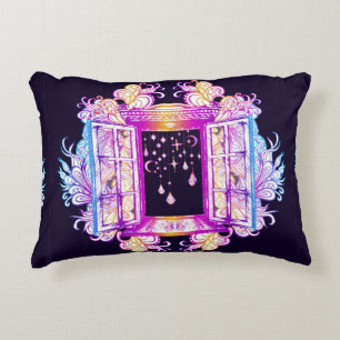 An open vintage window with pendants against a bac accent pillow
