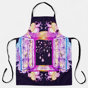 An open vintage window with pendants against a bac apron