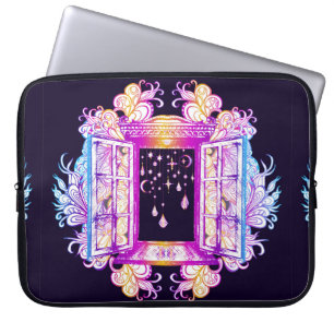 An open vintage window with pendants against a bac laptop sleeve