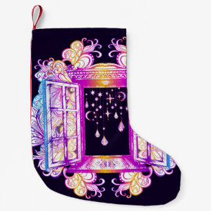 An open vintage window with pendants against a bac small christmas stocking