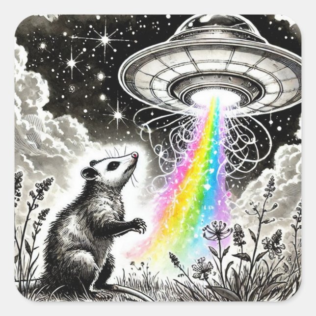 An opossum and a UFO Square Sticker (Front)