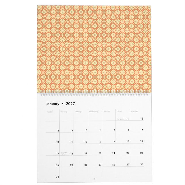 an orange and white background with a pattern calendar (Jan 2027)