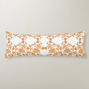 an orange and white wallpaper with a floral design body pillow