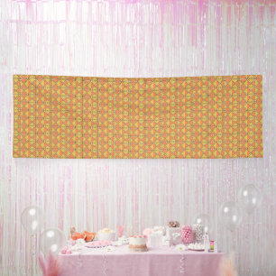 an orange and yellow background with a pattern banner