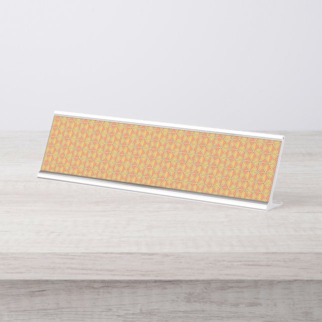 An orange, yellow, and brown symmetrical pattern w desk name plate (Front)