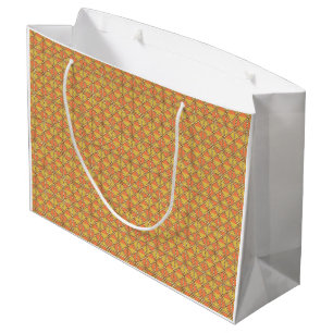 An orange, yellow, and brown symmetrical pattern w large gift bag