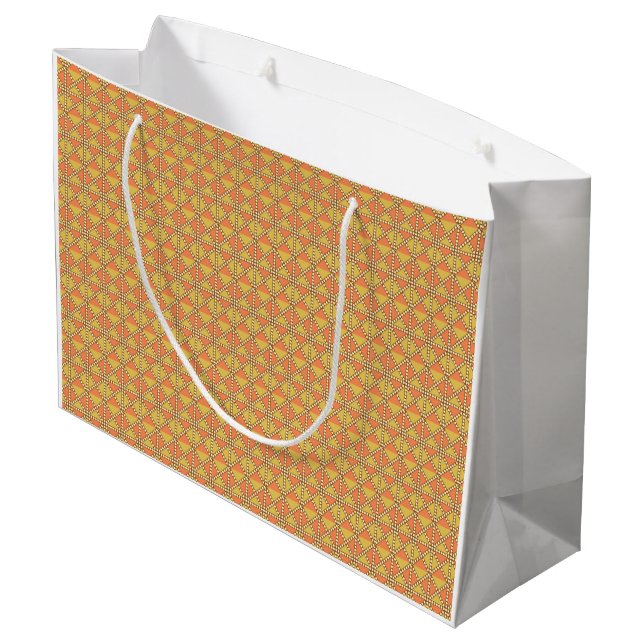 An orange, yellow, and brown symmetrical pattern w large gift bag (Back Angled)