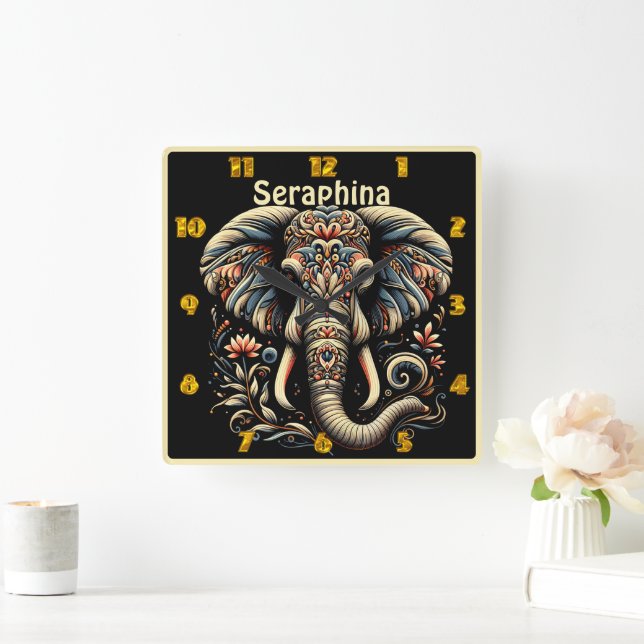 An ornate elephant adorned with intricate patterns square wall clock (Home)