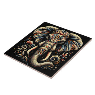 An ornate elephant adorned with intricate patterns tile