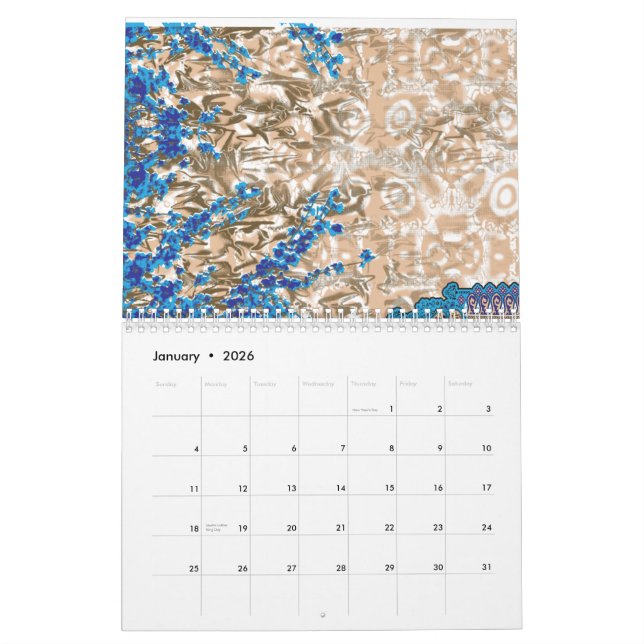 An ornate paisley motif in blue and brown, display calendar (Jan 2026)