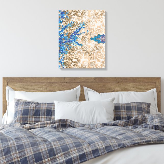 An ornate paisley motif in blue and brown, display canvas print (Insitu(Bedroom))