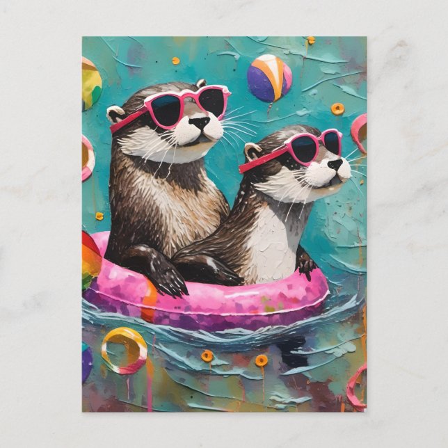 An Otter Pair on Vacation in a Floating Ring Postcard (Front)